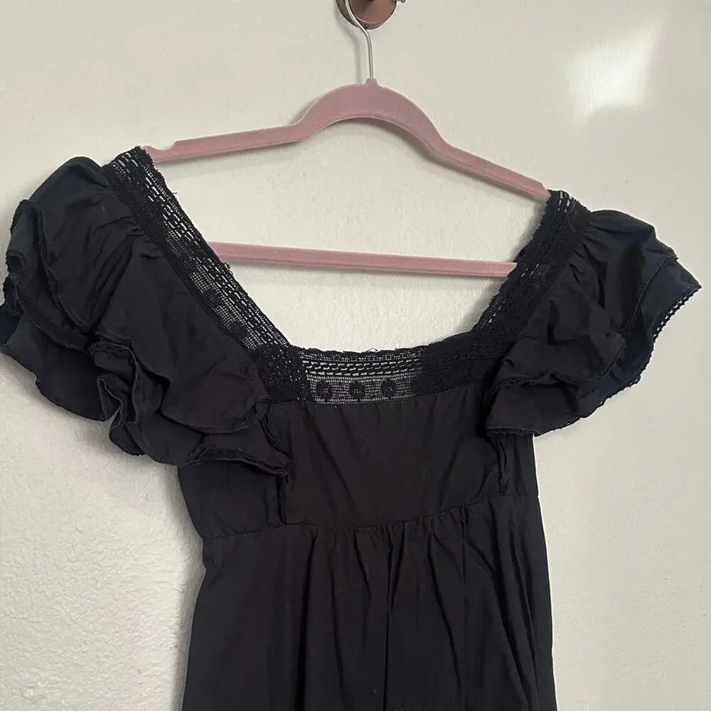 Aritzia Sunday Best XXS Black Crochet Ruffle Puff Sleeve Square Neck Mini Dress
